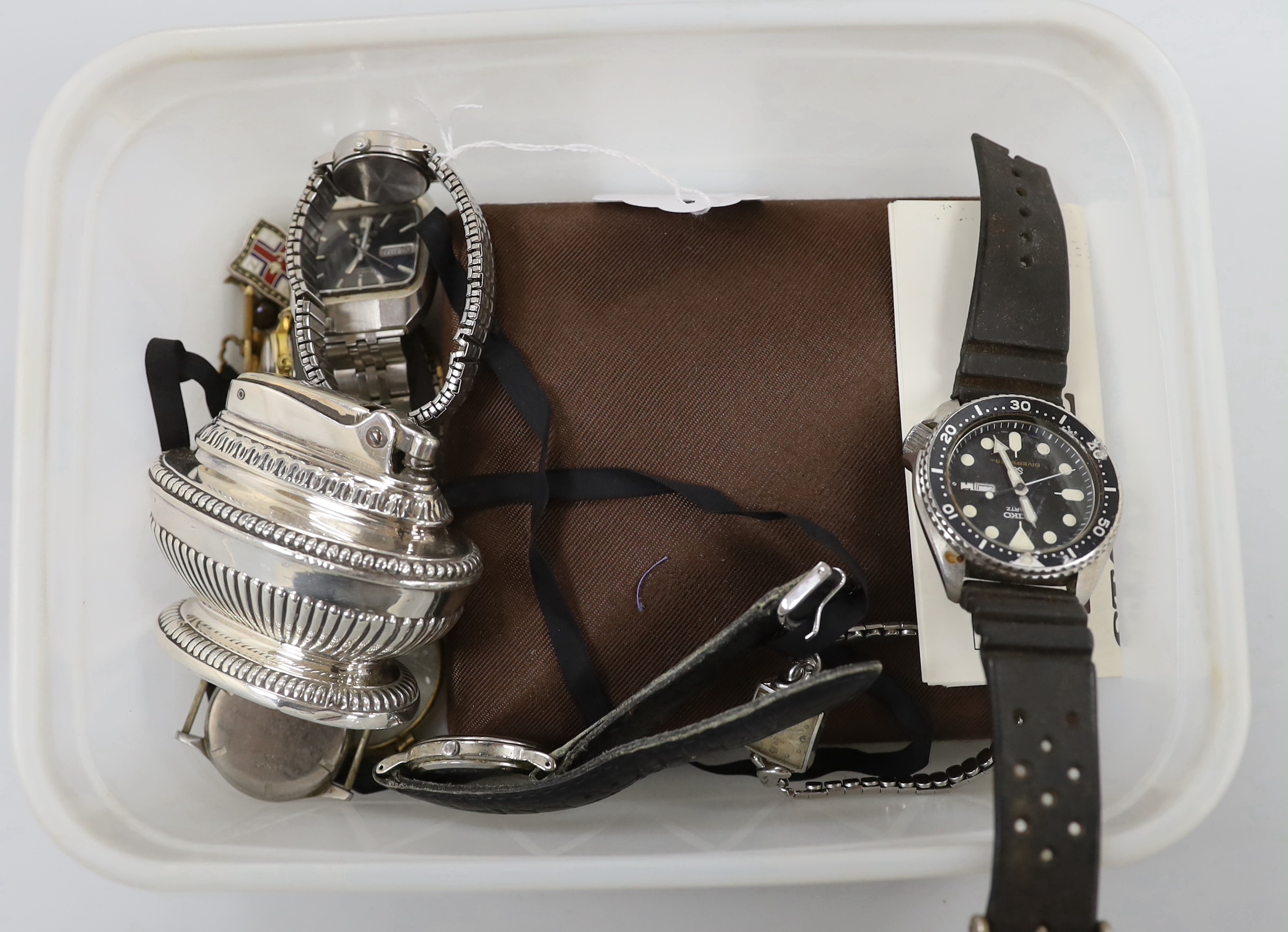 Two lady's steel or steel and gold plated Omega manual wind wrist watches (a.f.) six other assorted watches including gentleman's Marine Star and other minor items.